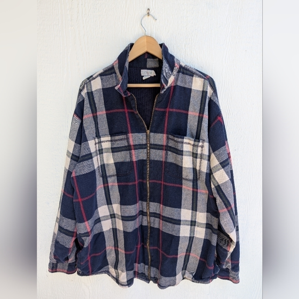 J Crew Blue Flannel Plaid Zip Front Chore Jacket Men's Size XL
